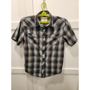Coastal Shirt Mens XL Blue Gray White Plaid Short Sleeve Pearl Snap Button Up